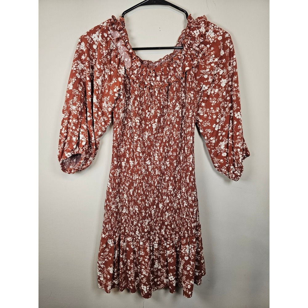 Kit + Sky Rust Floral Smocked Mini Dress Ruffle Balloon Sleeve Boho Brown Medium